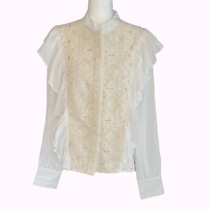 Léonie Paris Ecru Embroidered Crochet Lace Metallic Ruffle Blouse - L